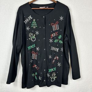 Quacker Factory Fleece Christmas Cardigan Snap Front Snowman Tree‎ Holly Snow 2X